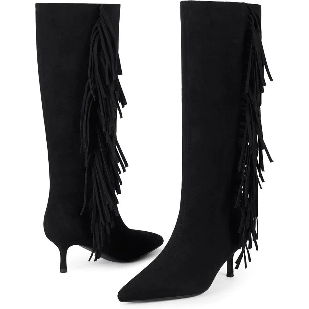 Women Suede Black Knee High Boots Kitten Heels Tall Pointed Toe Long Boots